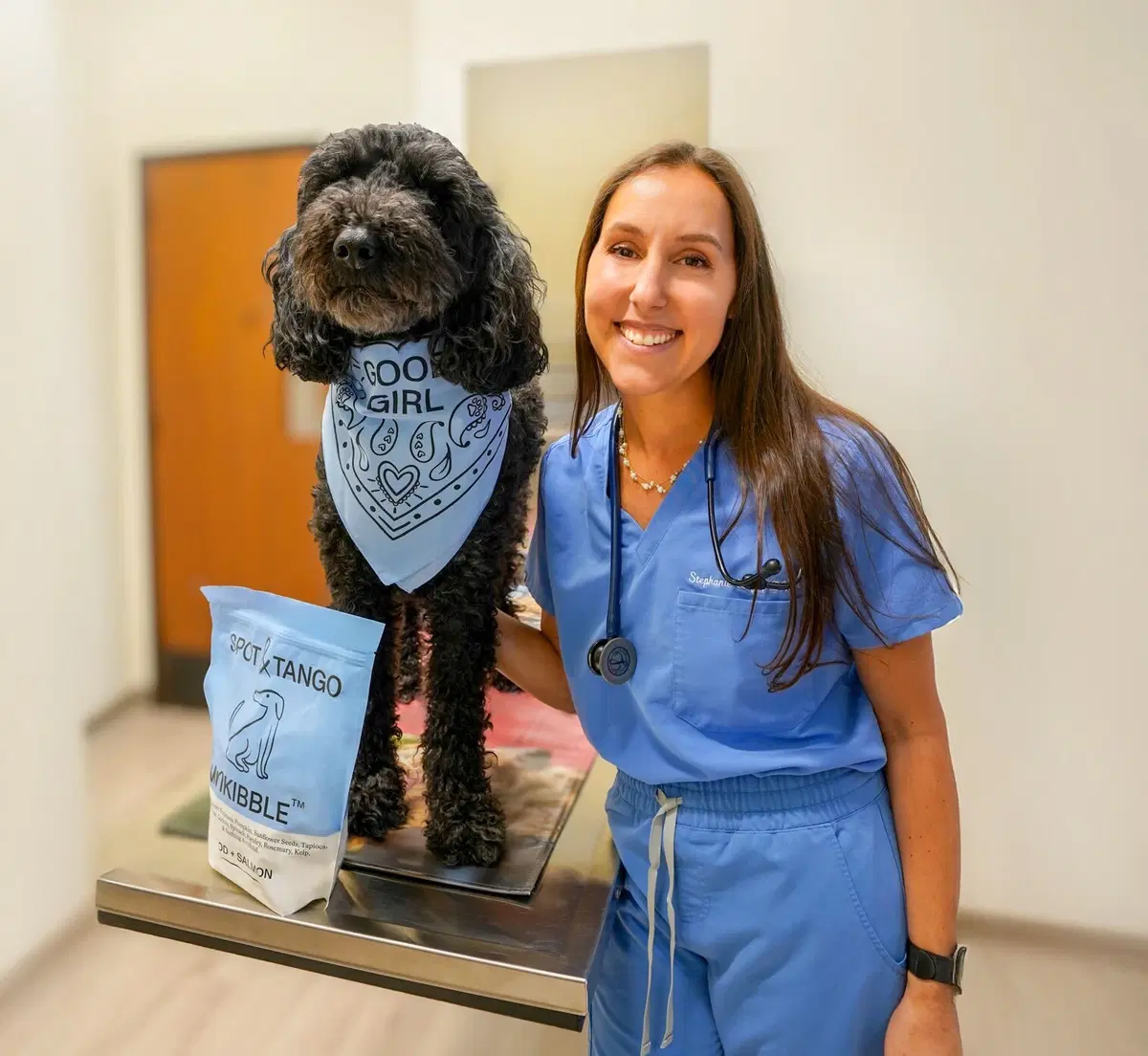 Photo of vet holding dog